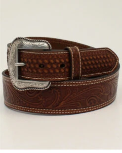 M & F Western Men's Basketweave Floral & Filigree Leather Western Belt