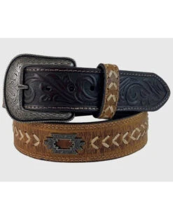Roper Men's Floral Tooled Tab Heavy Cord Arrow & Southwestern Concho Leather Belt