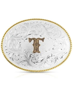 Montana Silversmiths Classic Western Oval Two-Tone Initial Belt Buckle - T